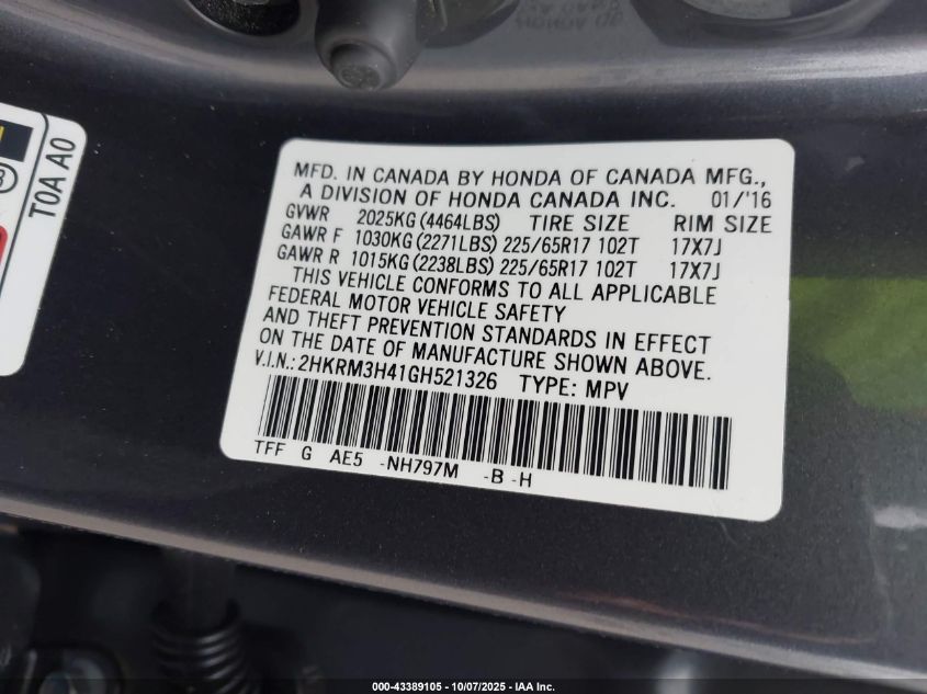 2016 Honda Cr-V Se VIN: 2HKRM3H41GH521326 Lot: 43389105