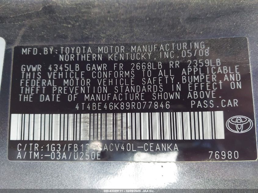 2009 Toyota Camry Le VIN: 4T4BE46K89R077846 Lot: 43389111