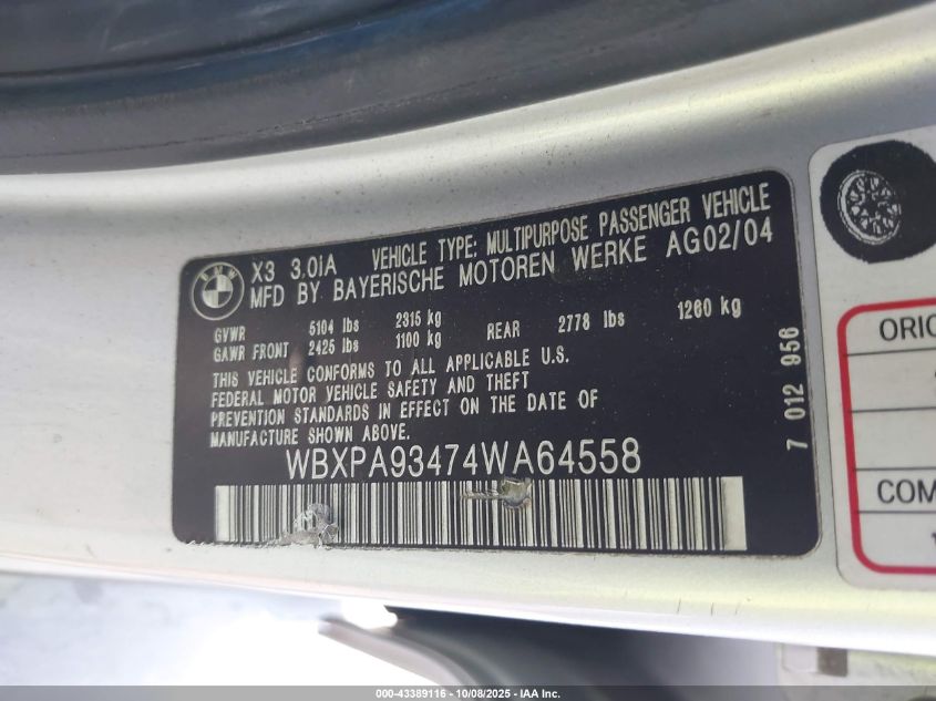 2004 BMW X3 3.0I VIN: WBXPA93474WA64558 Lot: 43389116