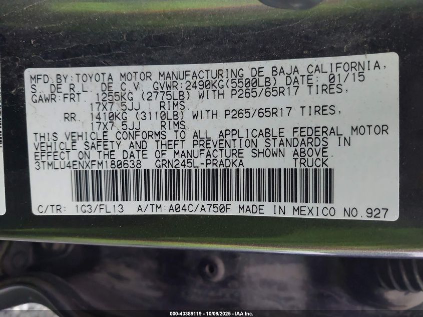 2015 Toyota Tacoma Base V6 VIN: 3TMLU4ENXFM180638 Lot: 43389119
