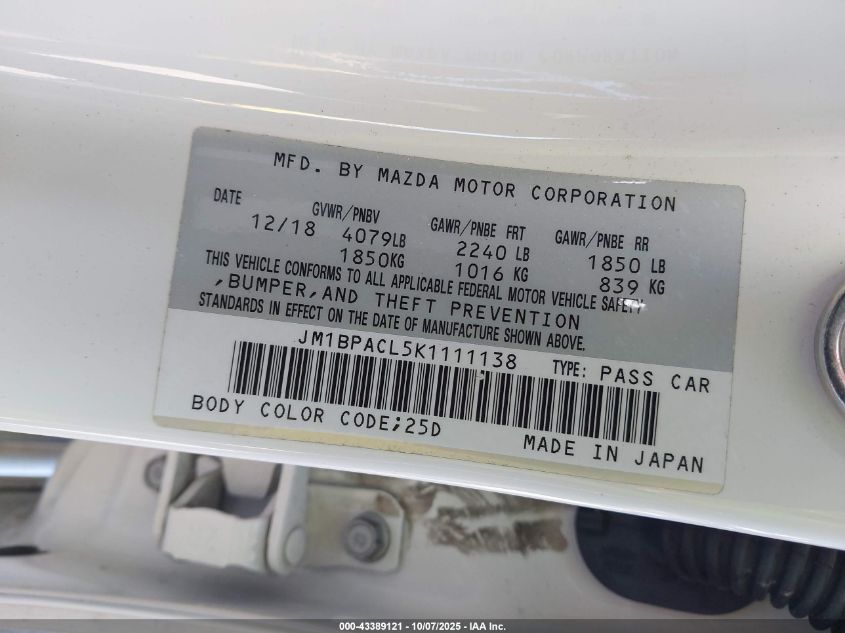 2019 Mazda Mazda3 Select Package VIN: JM1BPACL5K1111138 Lot: 43389121