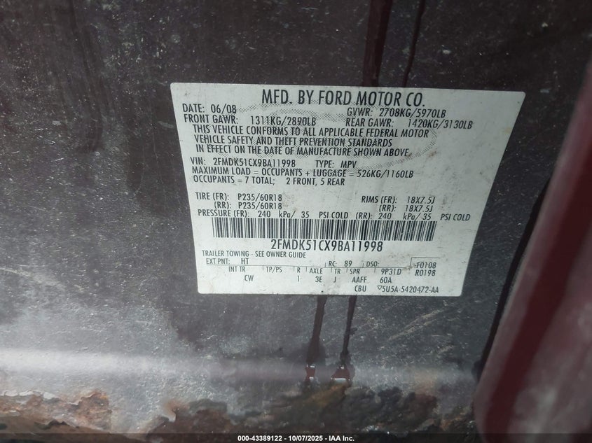2FMDK51CX9BA11998 2009 FORD FLEX photo no. 9