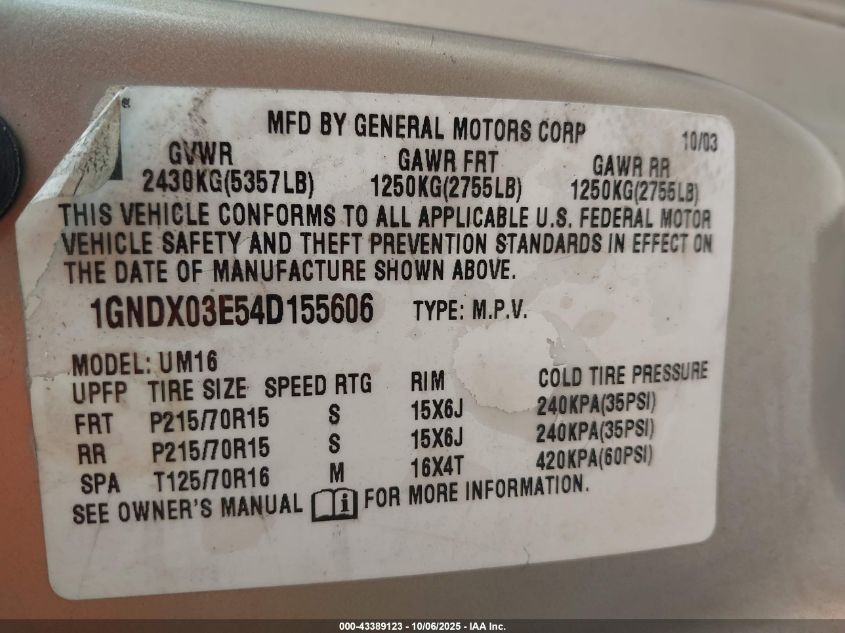 2004 Chevrolet Venture Ls VIN: 1GNDX03E54D155606 Lot: 43389123