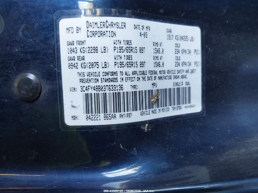 2003 Chrysler Pt Cruiser VIN: 3C4FY48B03T633136 Lot: 43389125