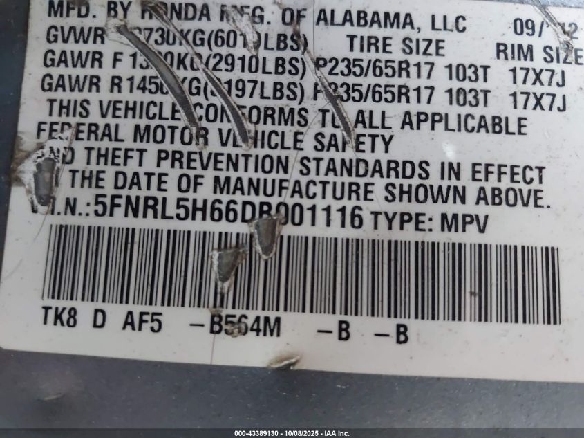 2013 Honda Odyssey Ex-L VIN: 5FNRL5H66DB001116 Lot: 43389130