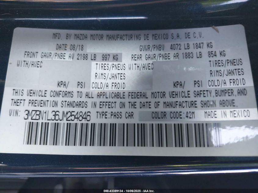 2018 Mazda Mazda3 Touring VIN: 3MZBN1L36JM254846 Lot: 43389134