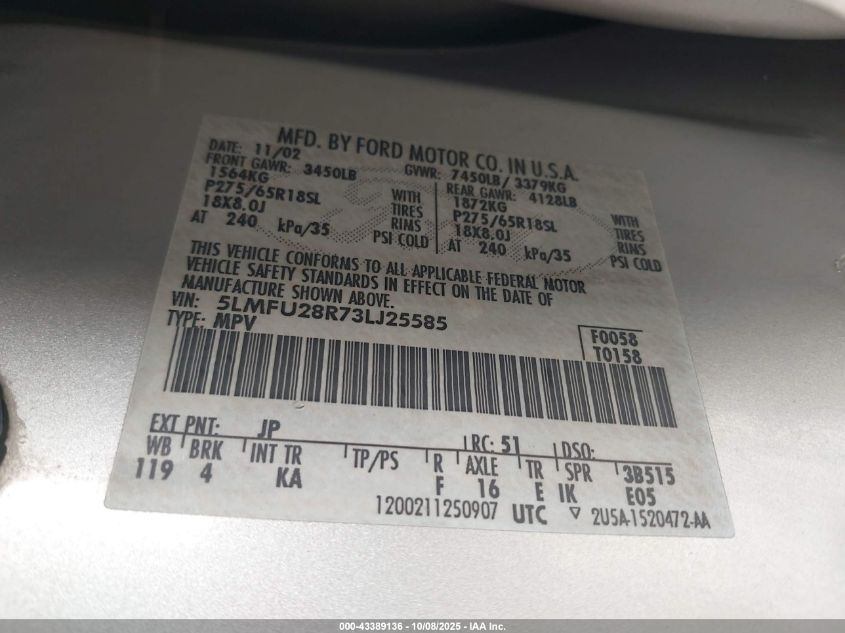 2003 Lincoln Navigator VIN: 5LMFU28R73LJ25585 Lot: 43389136