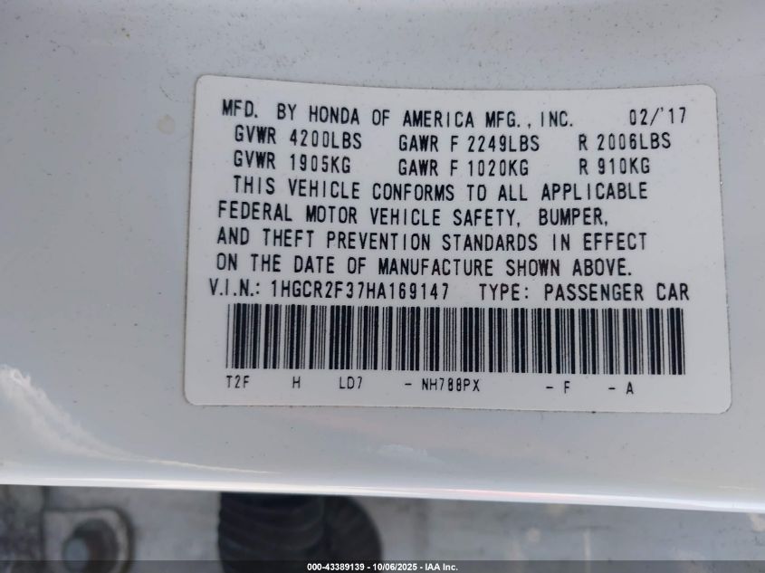 2017 Honda Accord Lx VIN: 1HGCR2F37HA169147 Lot: 43389139