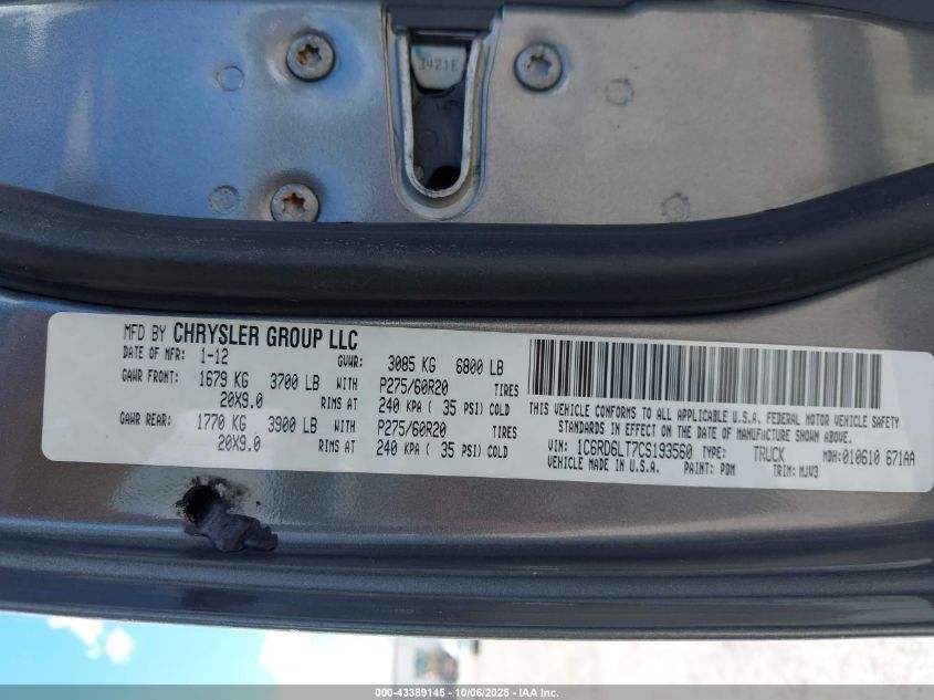 2012 Ram 1500 Slt VIN: 1C6RD6LT7CS193560 Lot: 43389145