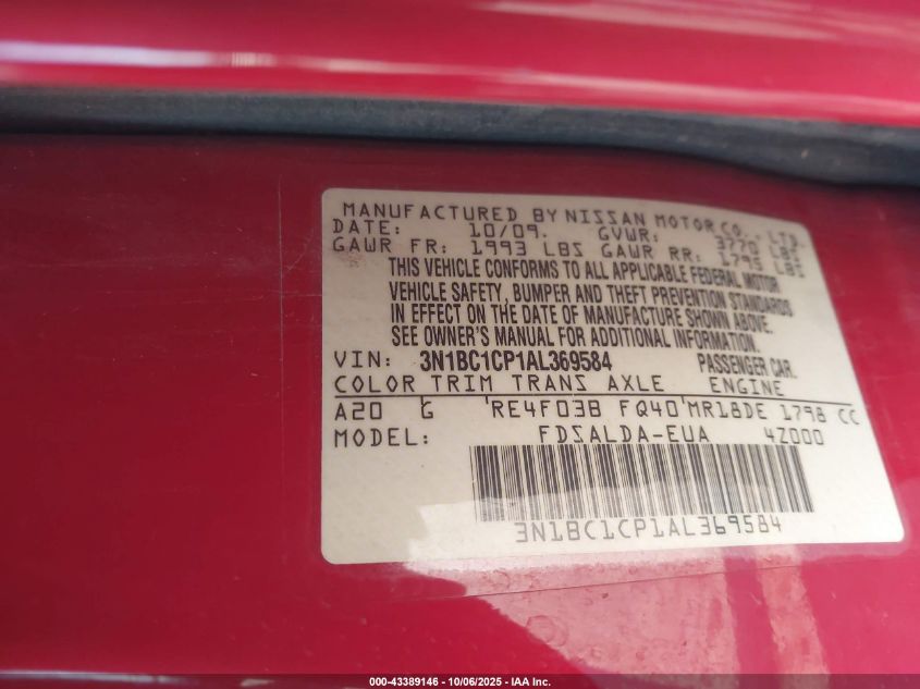 2010 Nissan Versa 1.8S VIN: 3N1BC1CP1AL369584 Lot: 43389146