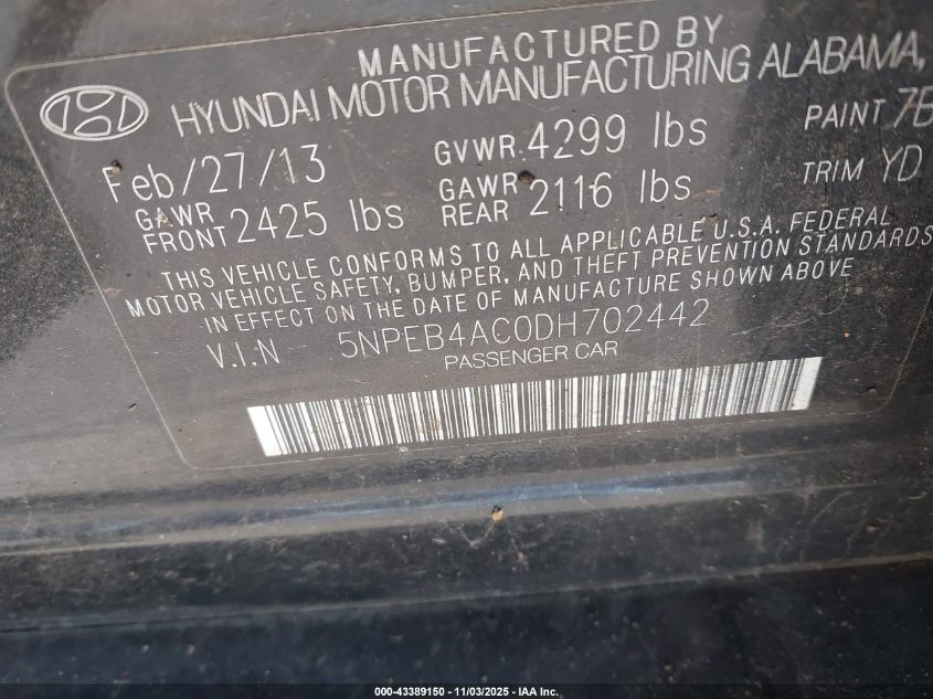 2013 Hyundai Sonata Gls VIN: 5NPEB4AC0DH702442 Lot: 43389150