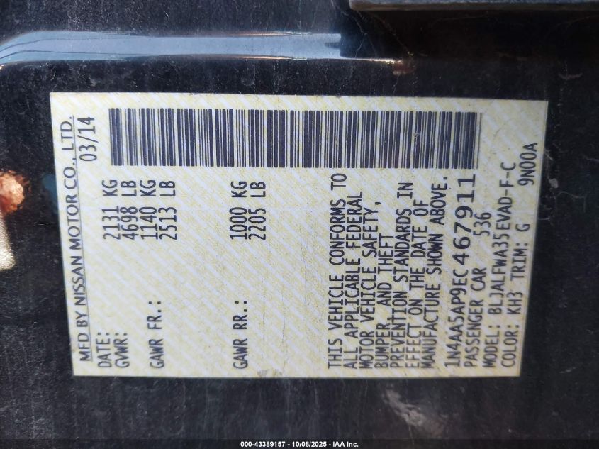 2014 Nissan Maxima 3.5 Sv VIN: 1N4AA5AP9EC467911 Lot: 43389157