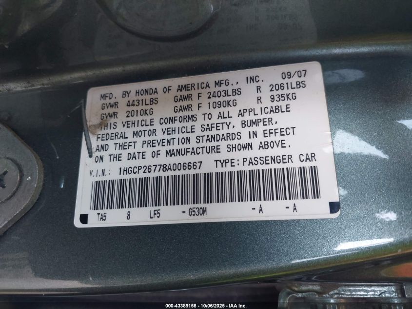 2008 Honda Accord 2.4 Ex VIN: 1HGCP26778A006667 Lot: 43389158