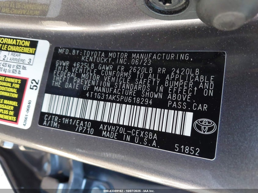 2023 Toyota Camry Se Hybrid VIN: 4T1G31AK5PU618294 Lot: 43389162