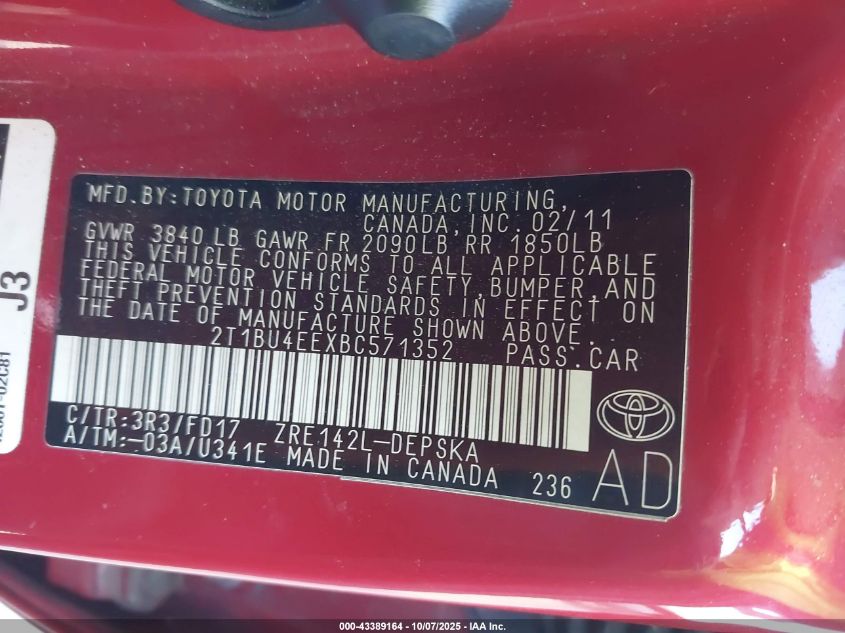 2011 Toyota Corolla S VIN: 2T1BU4EEXBC571352 Lot: 43389164