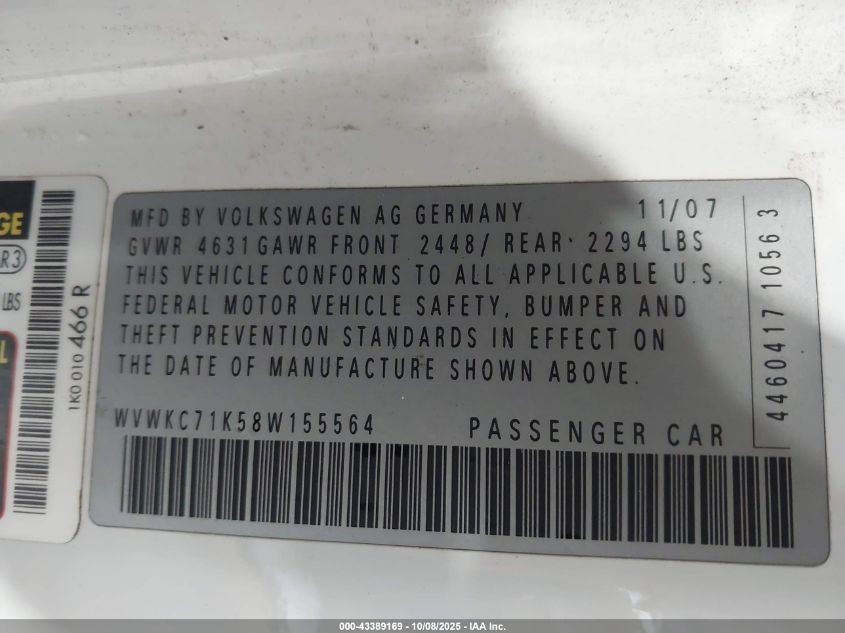 2008 Volkswagen R32 VIN: WVWKC71K58W155564 Lot: 43389169