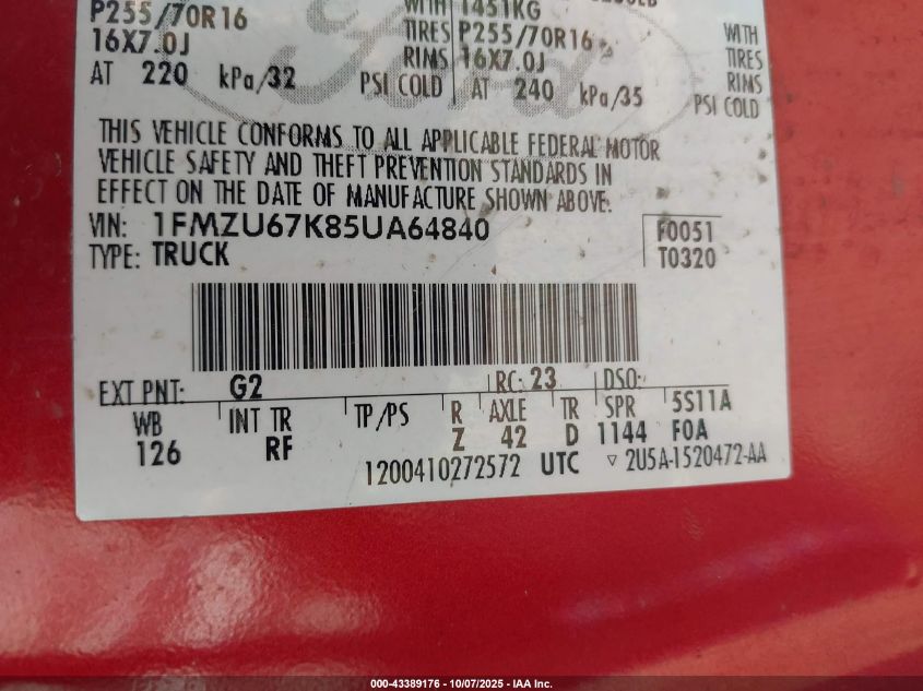 2005 Ford Explorer Sport Trac Adrenalin/Xls/Xlt VIN: 1FMZU67K85UA64840 Lot: 43389176