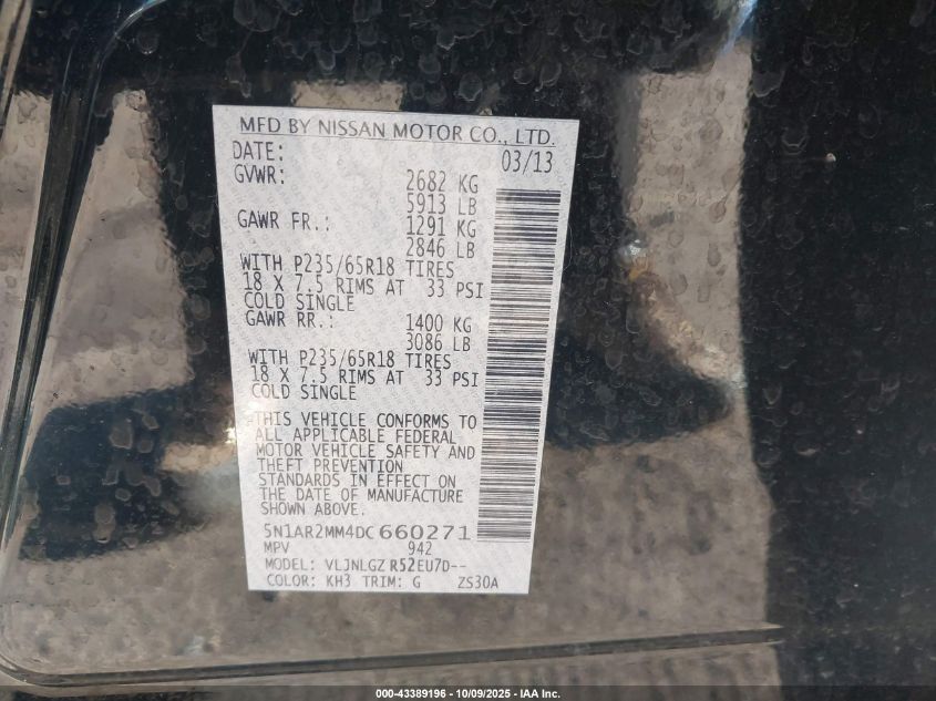 2013 Nissan Pathfinder Sl VIN: 5N1AR2MM4DC660271 Lot: 43389196