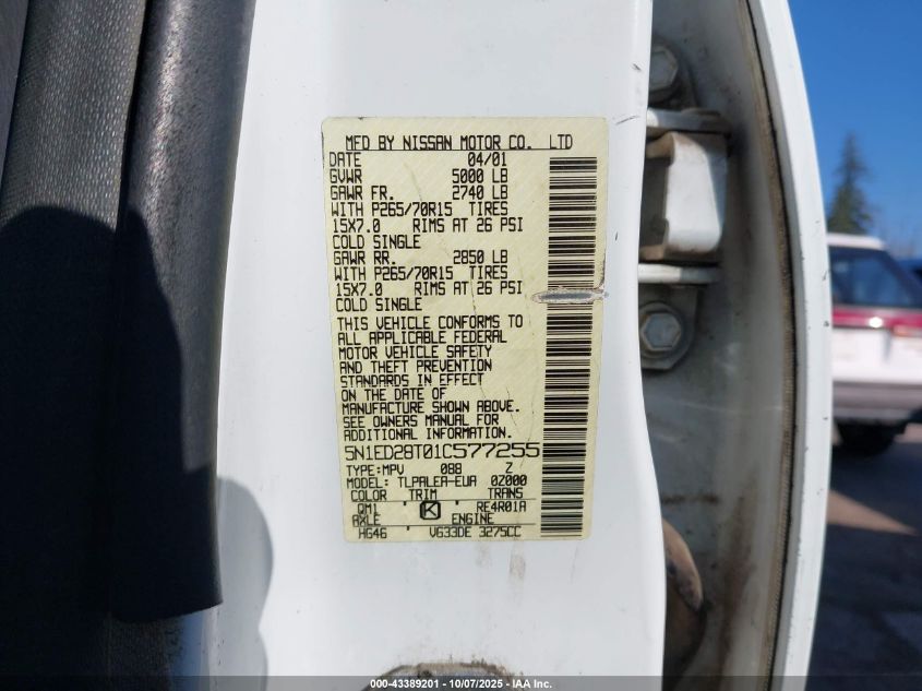 2001 Nissan Xterra Xe-V6 VIN: 5N1ED28T01C577255 Lot: 43389201