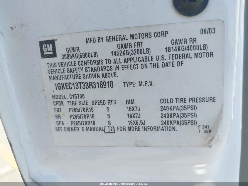 2003 GMC Yukon Slt VIN: 1GKEC13T33R318918 Lot: 43389202