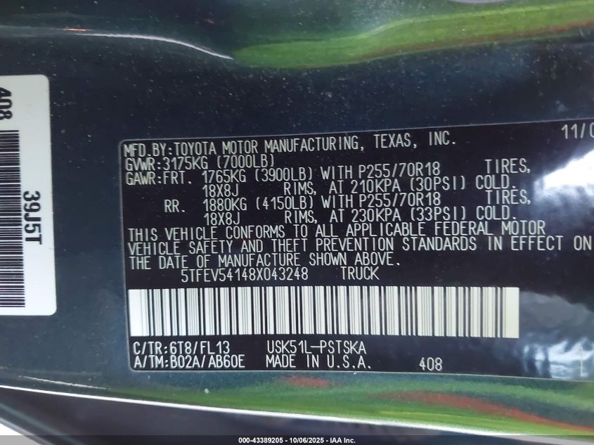 2008 Toyota Tundra Sr5 5.7L V8 VIN: 5TFEV54148X043248 Lot: 43389205