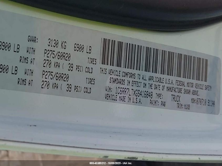 2016 Ram 1500 Lone Star VIN: 1C6RR7LTXGS416848 Lot: 43389212