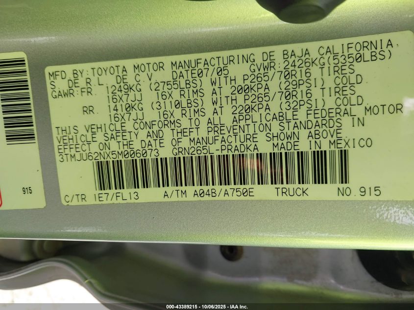 2005 Toyota Tacoma Prerunner V6 VIN: 3TMJU62NX5M006073 Lot: 43389215