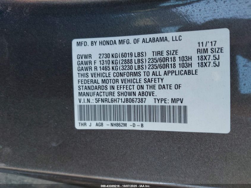 2018 Honda Odyssey Ex-L VIN: 5FNRL6H71JB067387 Lot: 43389216