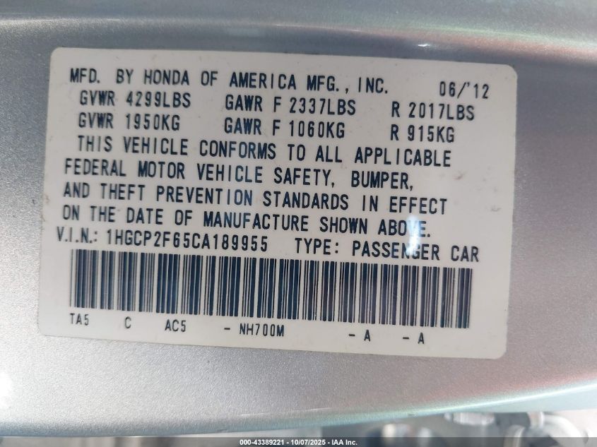 2012 Honda Accord 2.4 Se VIN: 1HGCP2F65CA189955 Lot: 43389221