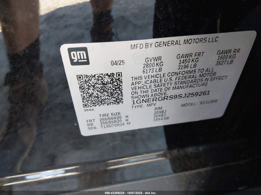 2025 Chevrolet Traverse Fwd Lt VIN: 1GNERGRS9SJ259261 Lot: 43389229