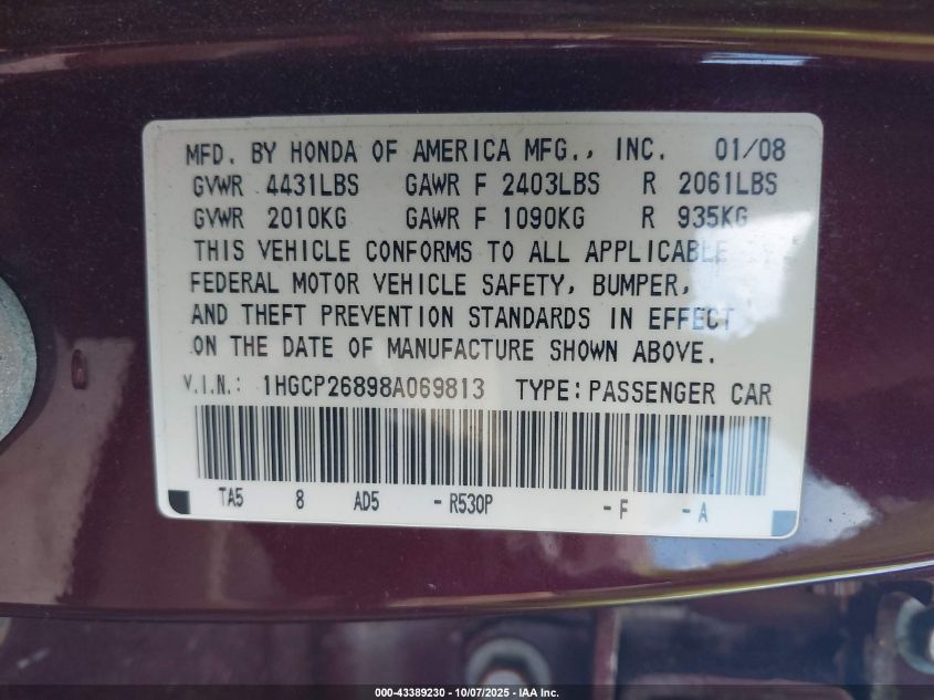 2008 Honda Accord 2.4 Ex-L VIN: 1HGCP26898A069813 Lot: 43389230