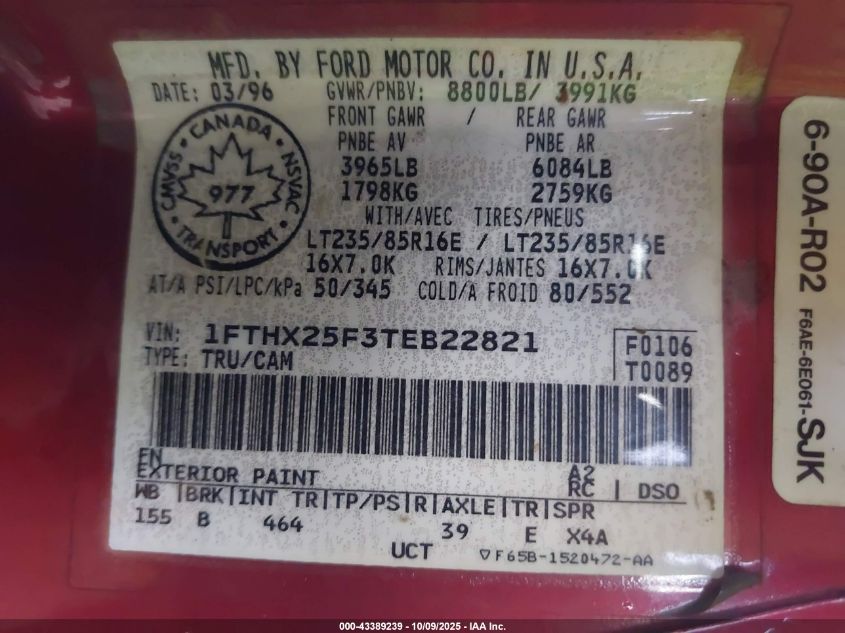 1996 Ford F250 VIN: 1FTHX25F3TEB22821 Lot: 43389239