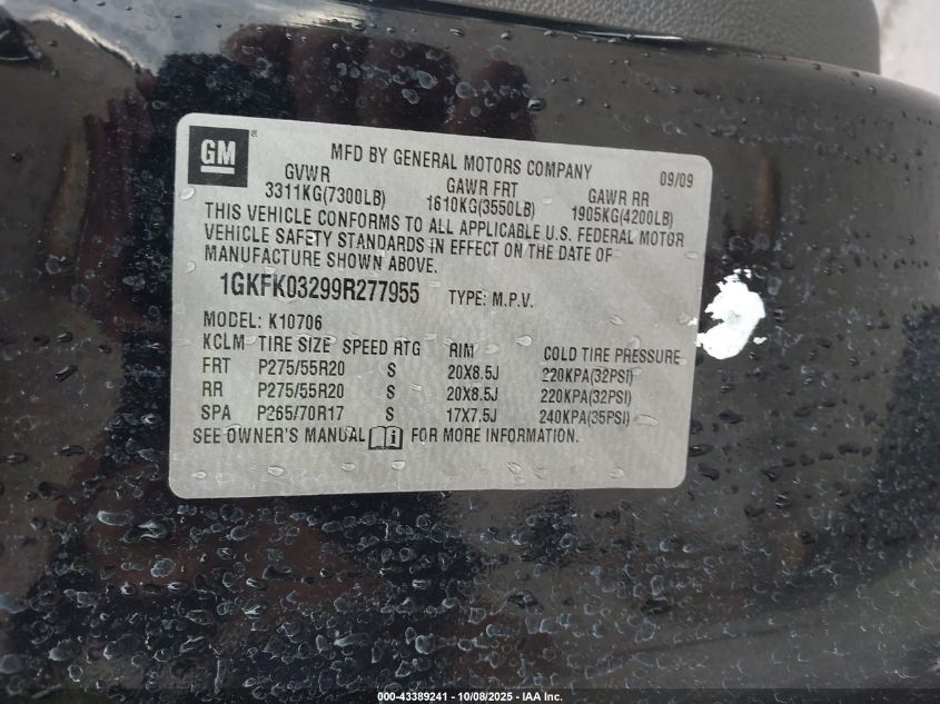 2009 GMC Yukon Denali VIN: 1GKFK03299R277955 Lot: 43389241