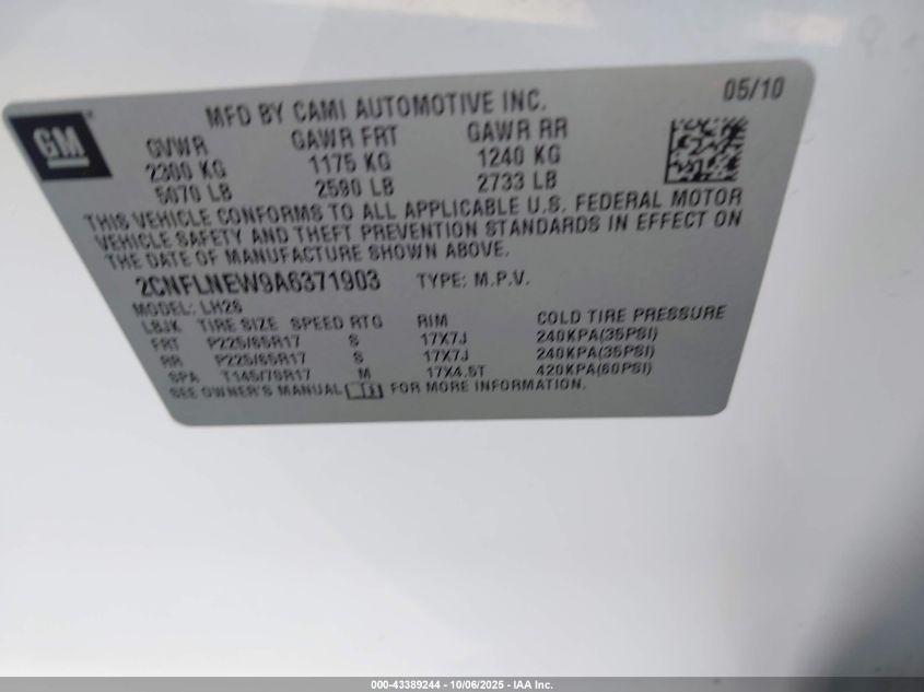 2010 Chevrolet Equinox Lt VIN: 2CNFLNEW9A6371903 Lot: 43389244