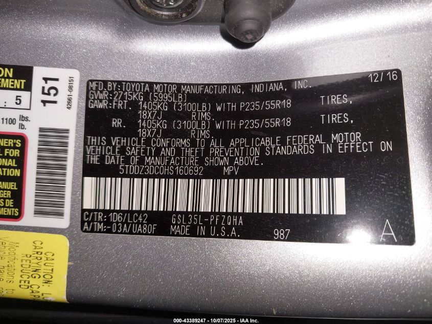 2017 Toyota Sienna Xle Premium 7 Passenger VIN: 5TDDZ3DC0HS160692 Lot: 43389247