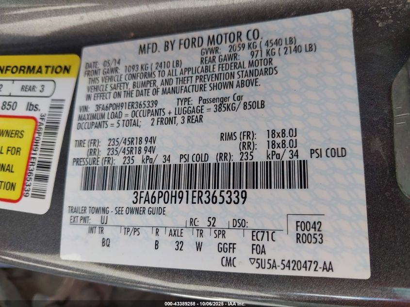 2014 Ford Fusion Se VIN: 3FA6P0H91ER365339 Lot: 43389258