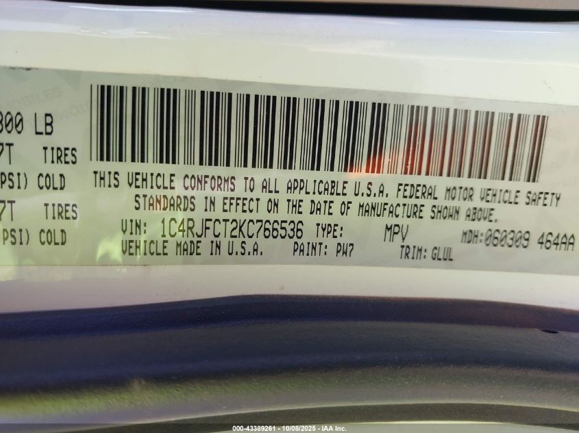 2019 Jeep Grand Cherokee Overland 4X4 VIN: 1C4RJFCT2KC766536 Lot: 43389261