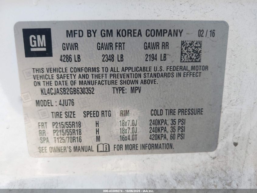 2016 Buick Encore VIN: KL4CJASB2GB630352 Lot: 43389274