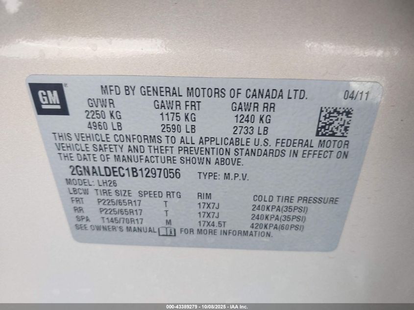 2011 Chevrolet Equinox 1Lt VIN: 2GNALDEC1B1297056 Lot: 43389279