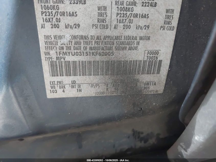 2001 Ford Escape Xlt VIN: 1FMYU03151KF62005 Lot: 43389282