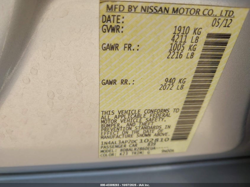 2013 Nissan Altima 2.5 S VIN: 1N4AL3AP2DC102810 Lot: 43389283