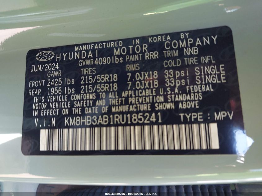 2024 Hyundai Kona Sel VIN: KM8HB3AB1RU185241 Lot: 43389296