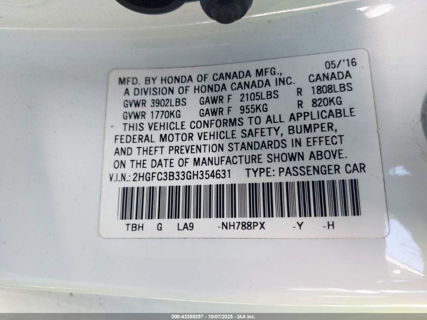 2016 Honda Civic Ex-T VIN: 2HGFC3B33GH354631 Lot: 43389297