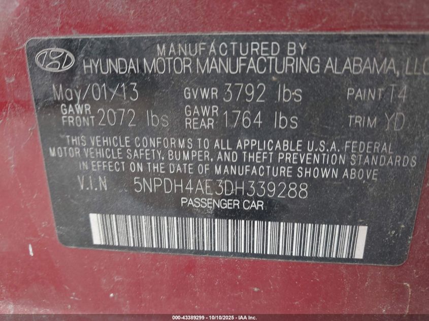 2013 Hyundai Elantra Gls VIN: 5NPDH4AE3DH339288 Lot: 43389299