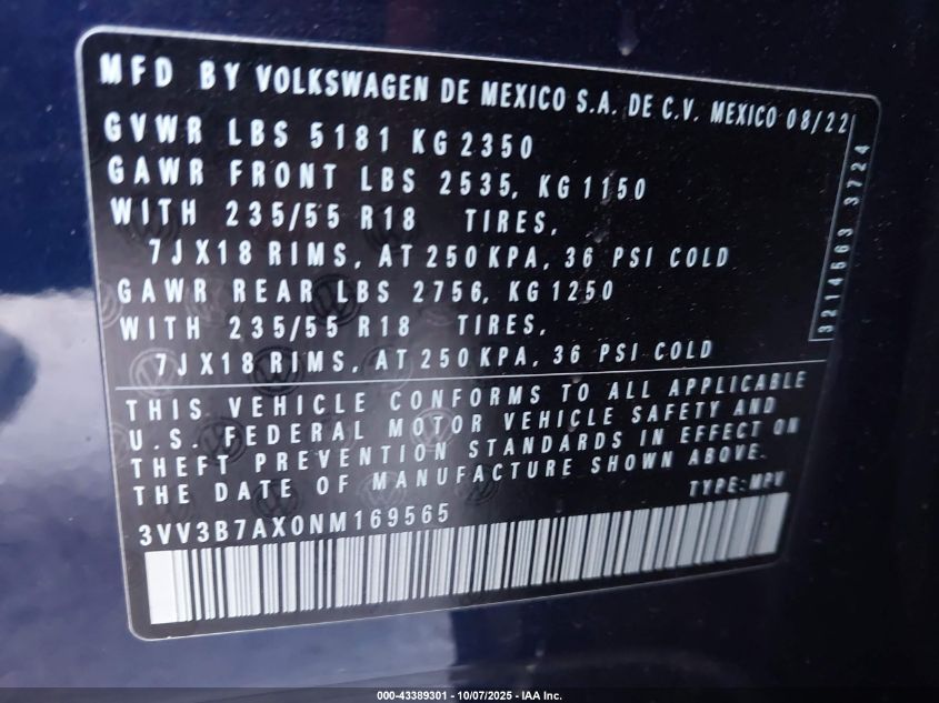 2022 Volkswagen Tiguan 2.0T Se VIN: 3VV3B7AX0NM169565 Lot: 43389301