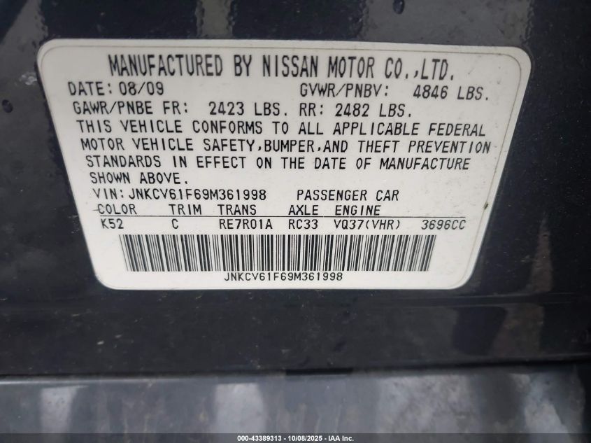 2009 Infiniti G37X VIN: JNKCV61F69M361998 Lot: 43389313