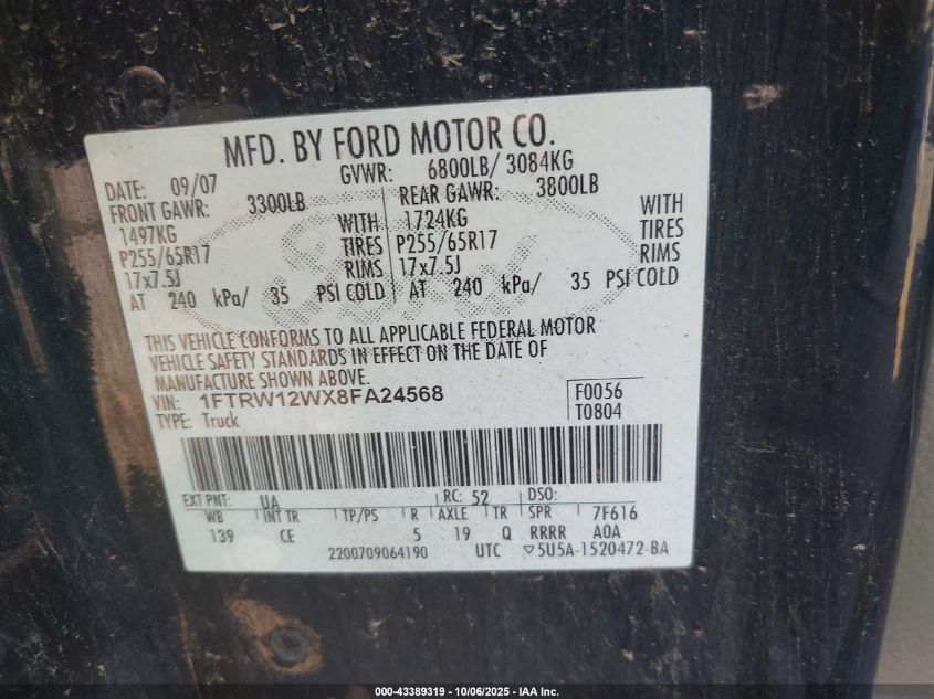 2008 Ford F-150 60Th Anniversary/Fx2/Xl/Xlt VIN: 1FTRW12WX8FA24568 Lot: 43389319