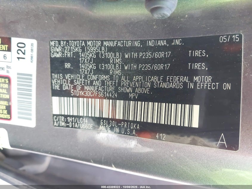 2015 TOYOTA SIENNA XLE PREMIUM 8 PASSENGER 5TDYK3DC7FS614424