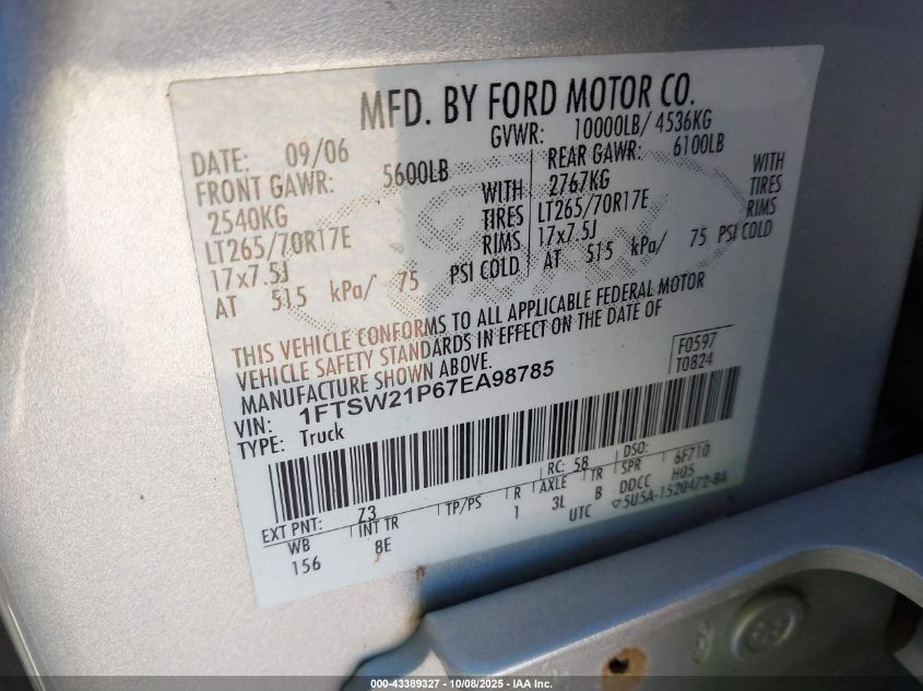 2007 Ford F-250 Lariat/Xl/Xlt VIN: 1FTSW21P67EA98785 Lot: 43389327