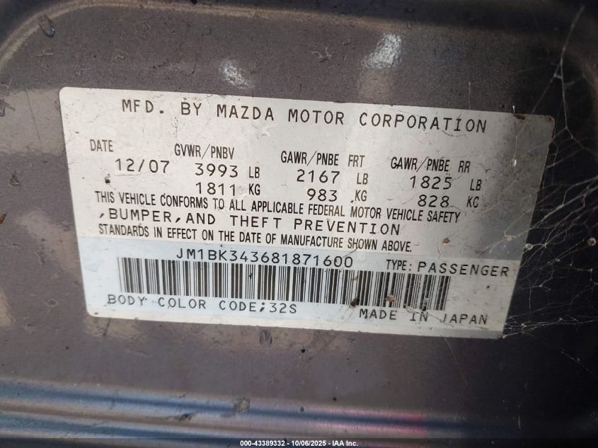 2008 Mazda Mazda3 S Grand Touring VIN: JM1BK343681871600 Lot: 43389332